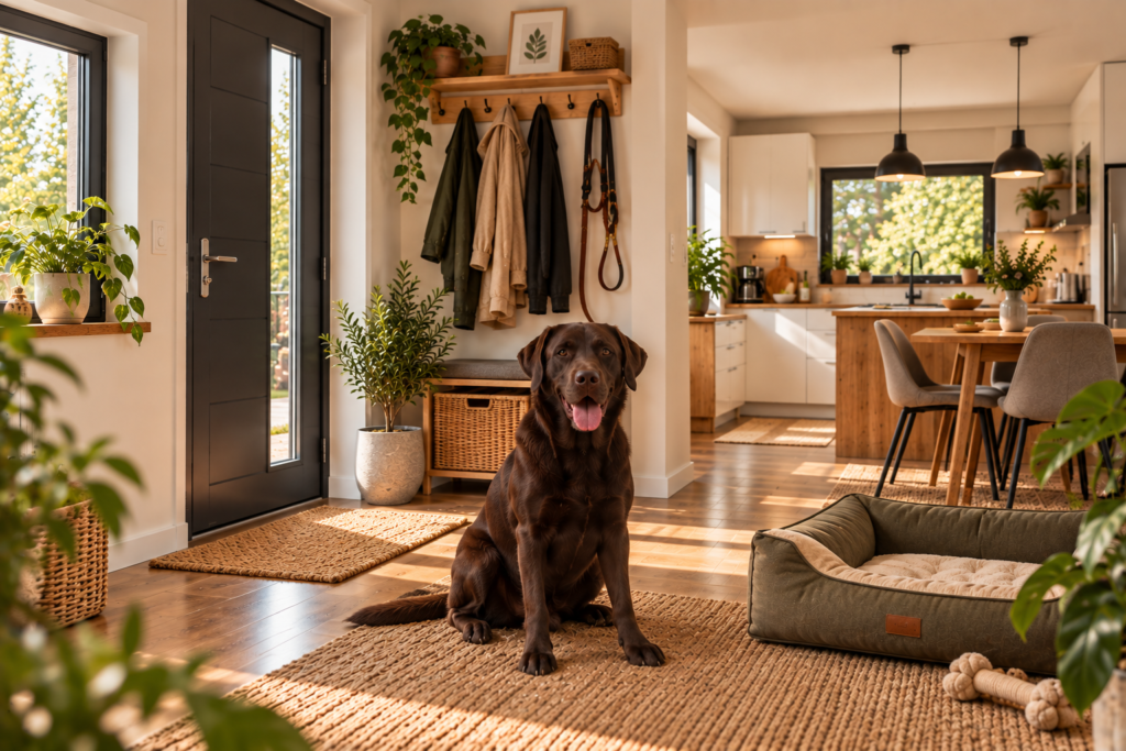 KI-generierte Illustration: Brauner Labrador sitzt im Flur vor Haustür, Garderobe mit Leine und Hundebett