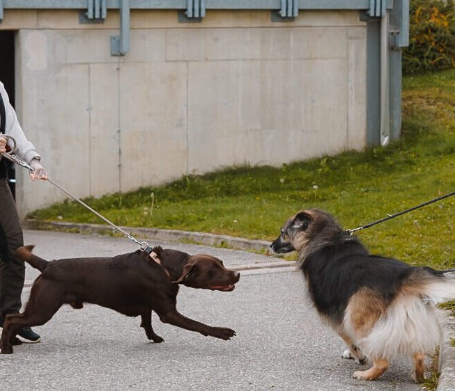 Hundebegegnung auf der Straße: Labrador Aaron zieht an der Leine auf einen anderen Hund zu, Hundetrainerin Tascha hält dagegen
