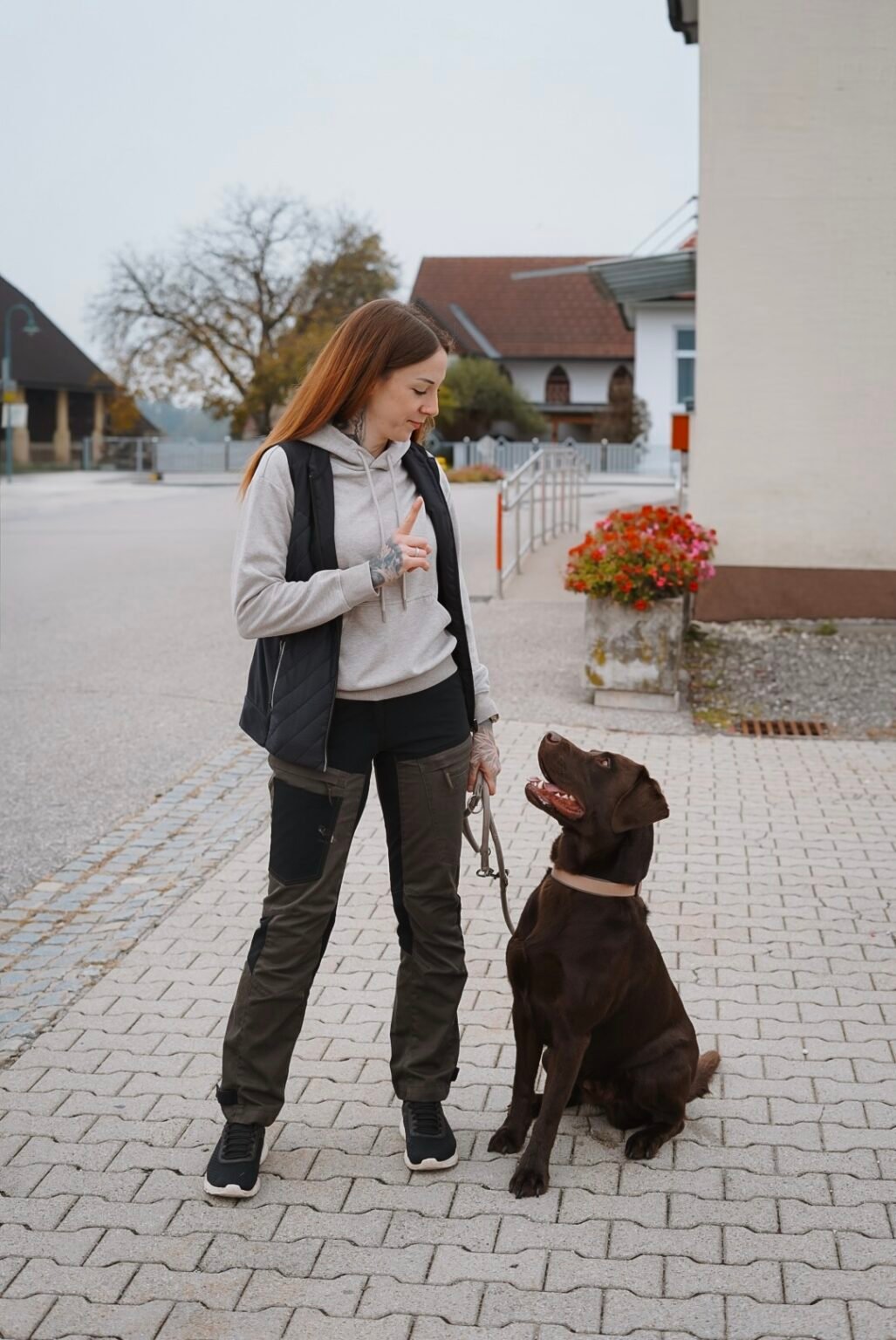 Hundetrainerin Tascha gibt ihrem braunen Labrador Aaron auf einer Dorfstraße ein Handzeichen, Aaron sitzt und schaut zu ihr hoch
